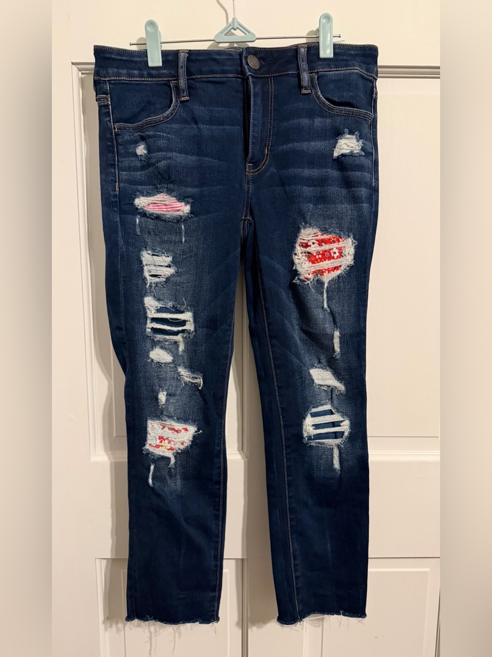 American Eagle Outfitters Dark Blue Distressed Skinny Jeans with Patchwork